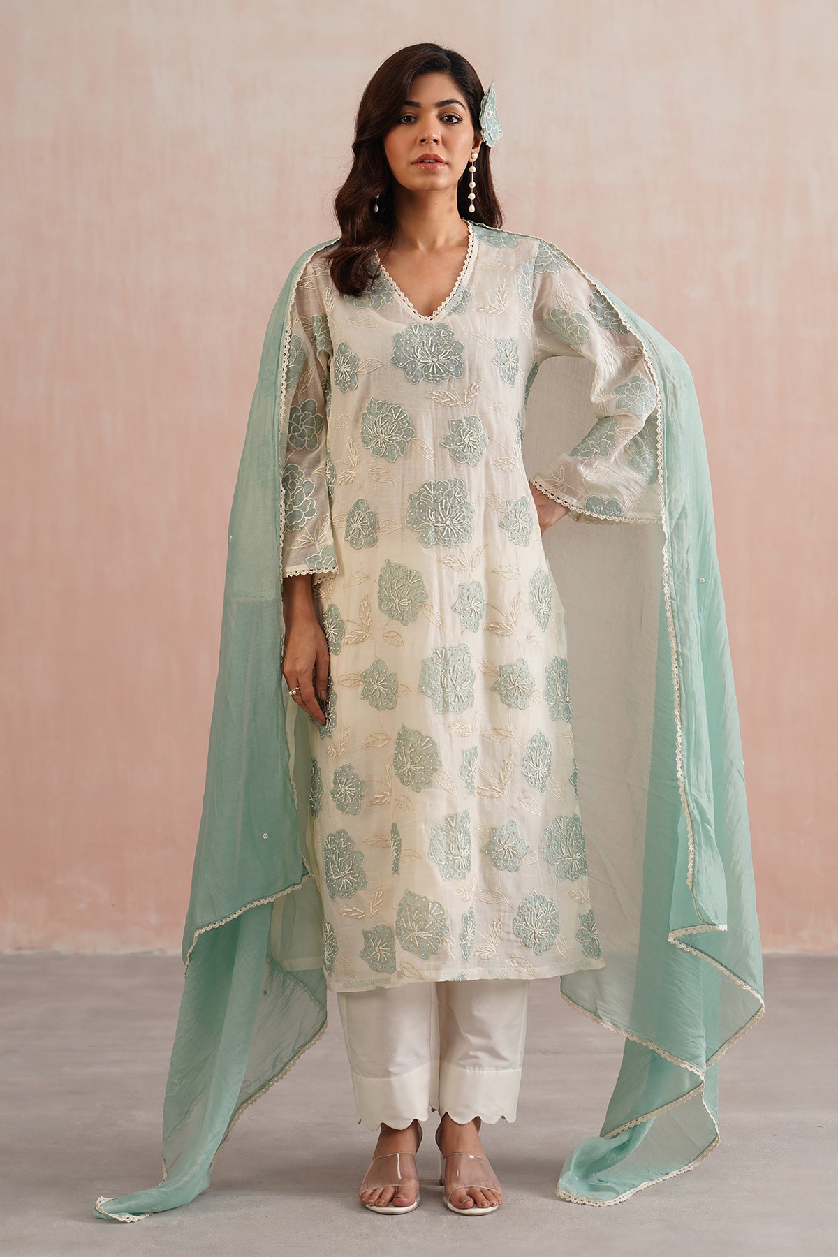 Buy Ivory Floral Applique Kurta Set for women online available at Scrollnshops